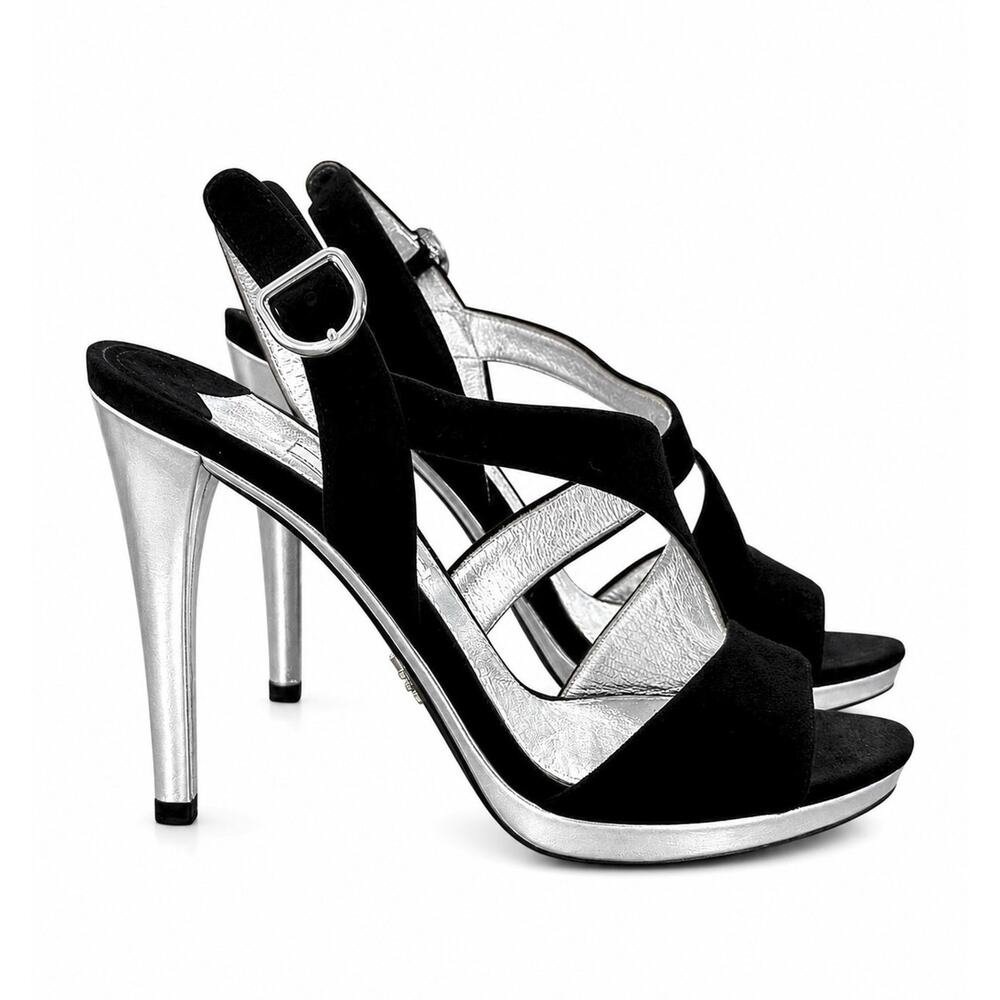 Prada Black Suede Silver Metallic Heels Slingback Platform Sandals 37 Italy